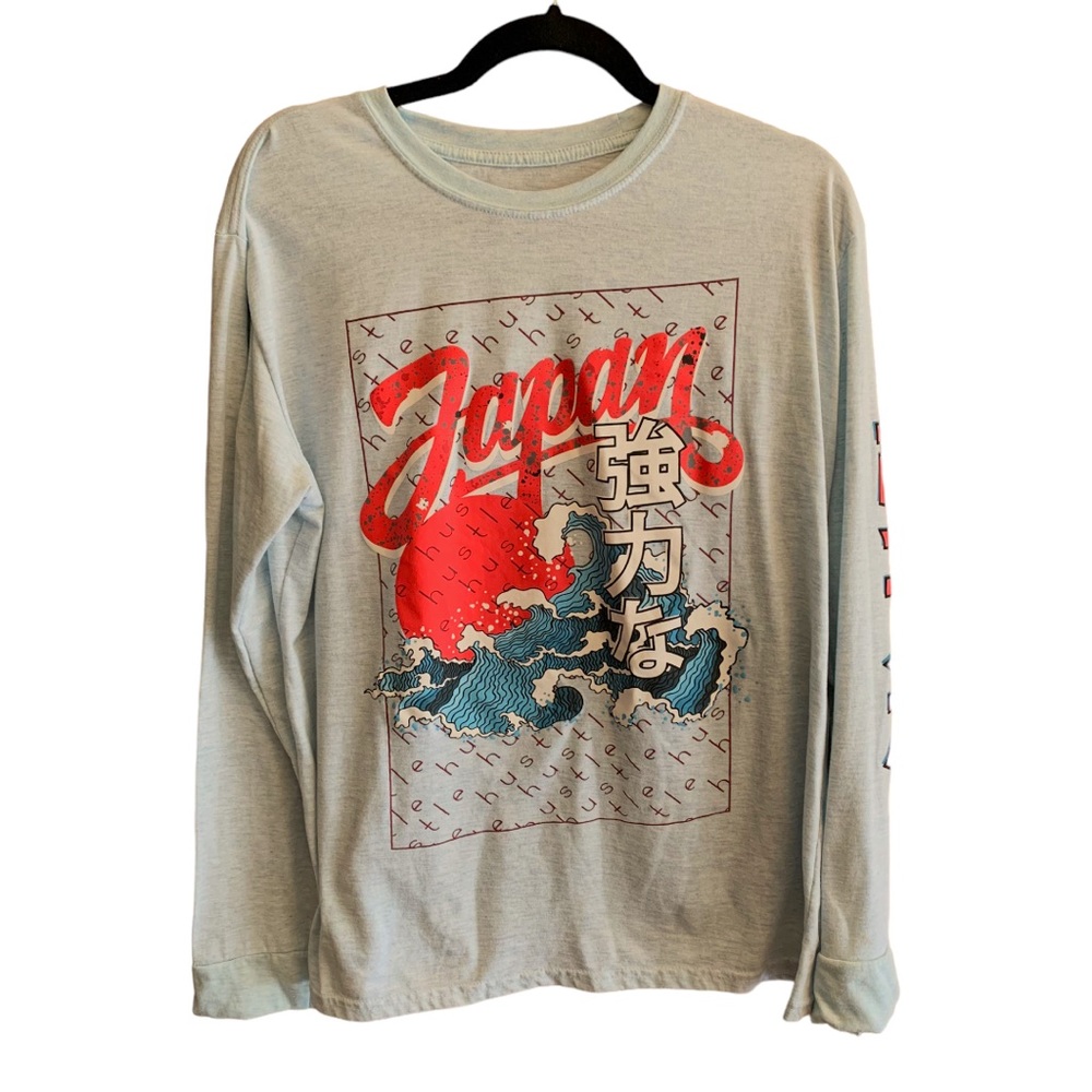 Japan Hokusai wave Japanese hustle longsleeve silver blue tee shirt L